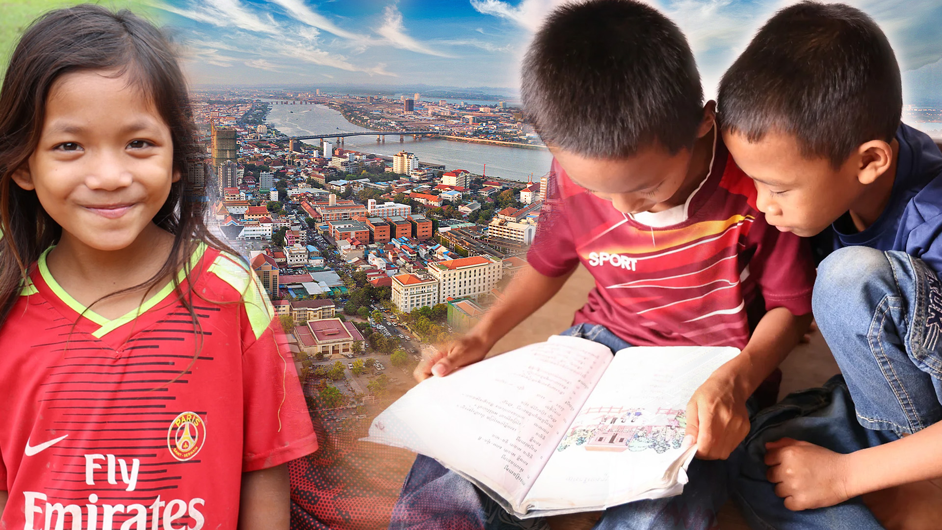 Children in Cambodia smiling and reading a book