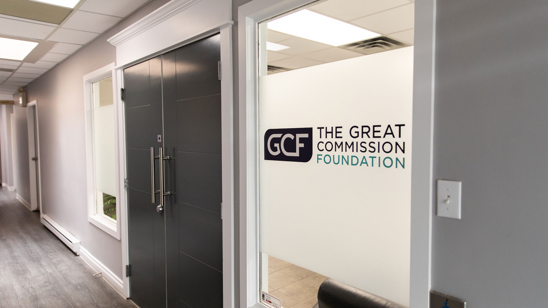 GCF's logo on an office door